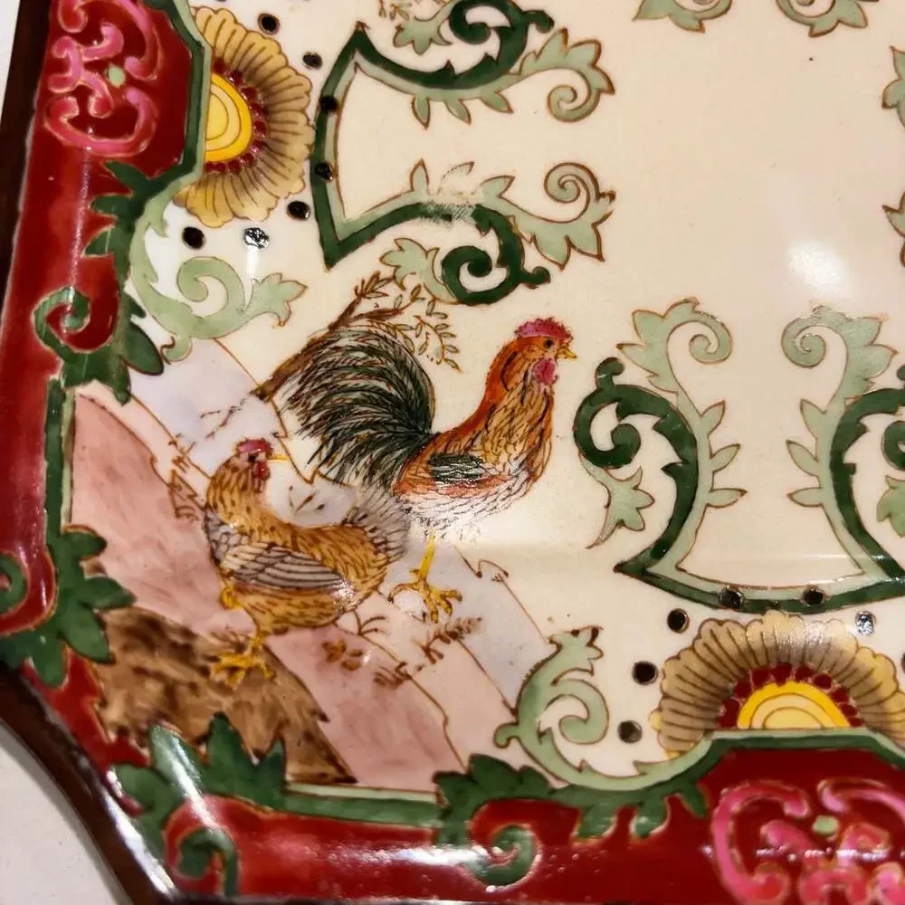 Hua Rong Tang Hand-Painted Square Rooster Decorative Plate